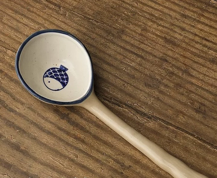 Nippon Toki Handmade Spoon Tedzukuri Blue Fish 22cm/7.4cm