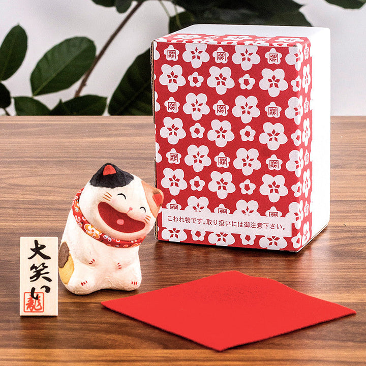Kyoto paper mâché Washi Laughing Lucky Cat Yellow Brown Dot