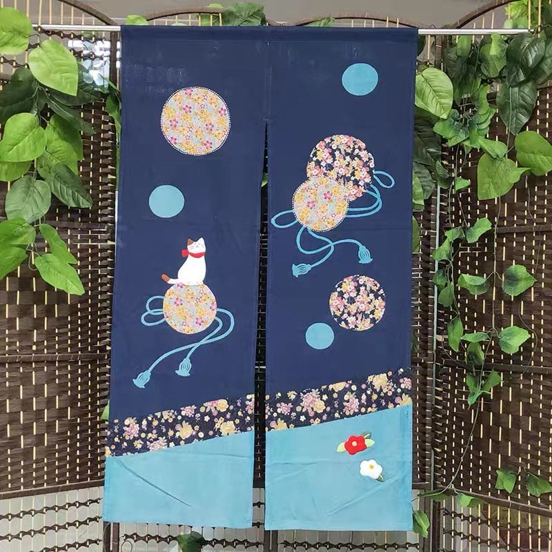 Japanese half curtains Cat Flower - Blue