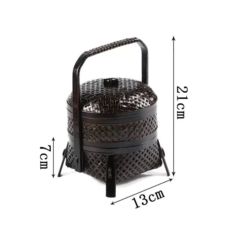Japanese Bamboo-Knit Small Round Painted Retro Storage Basket/ Bento Box