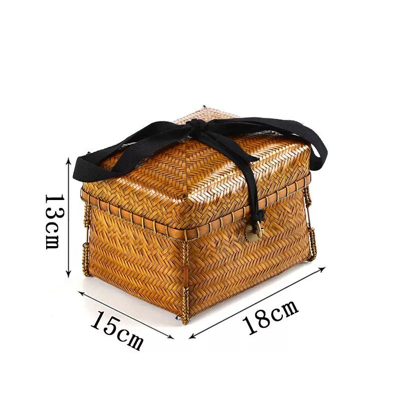 Japanese Bamboo-Knit Square Painted Retro Storage Basket with Lid