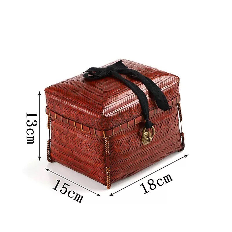 Japanese Bamboo-Knit Square Painted Retro Storage Basket with Lid Red