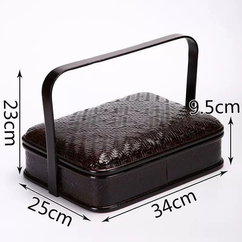 Japanese Bamboo-Knit Large Rectangle Painted Retro Storage Basket / Bento Box