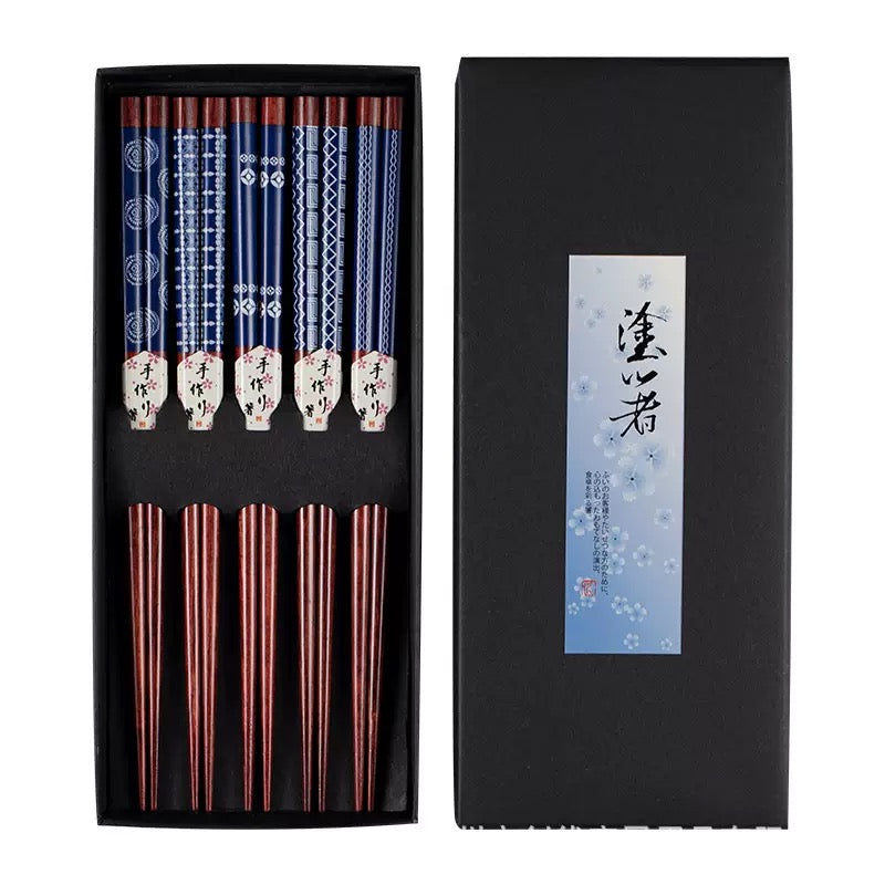 Japanese Wooden Chopsticks Blue Gift Set 5 Pairs