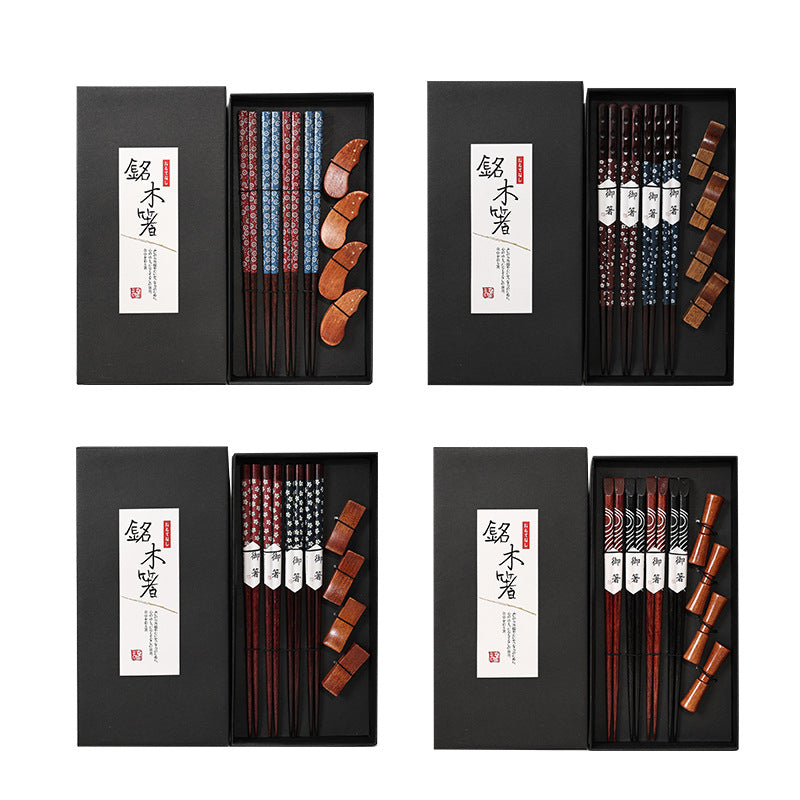 Nippon Chopsticks with wooden chopsticks holder (4 pairs Set Red Black Wave C)