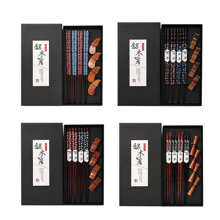 Nippon Chopsticks with wooden chopsticks holder (4 pairs Set Red Black Wave C)