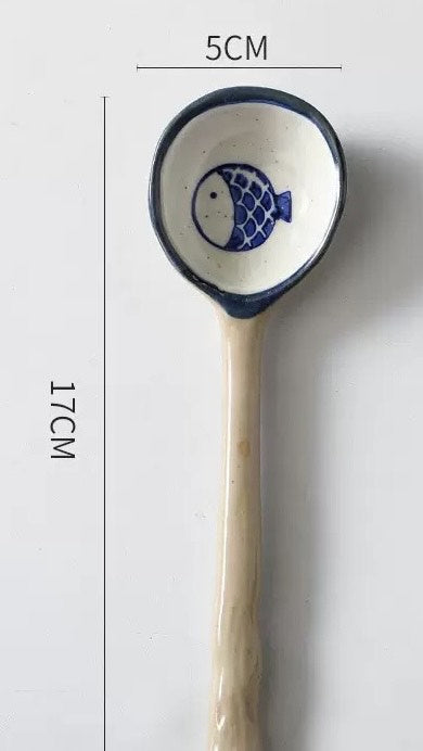 Nippon Toki Handmade Spoon Tedzukuri Blue Fish 17cm/5cm